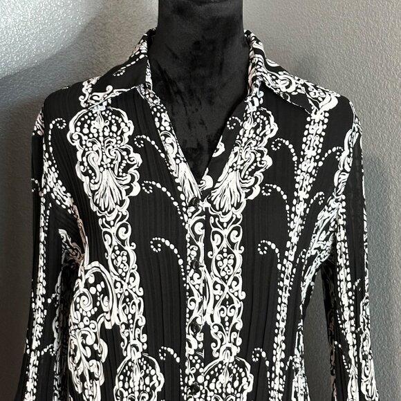 Blouse Womens Large Baroque Black White Pleated Bell Sleeve Button Up Retro Chic - Picture 2 of 8